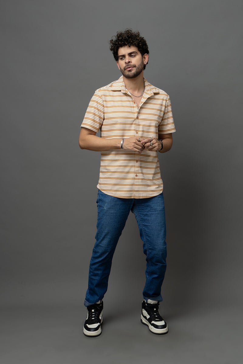 GO DEVIL Beige & White Striped Shirt for Men - Image 3